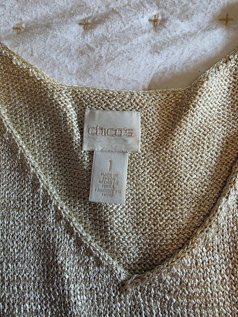Chico's Women's Metallic Gold V-Neck Sleeveless Knit Tank Top - Picture 2 of 5